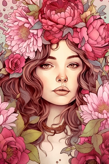 portret of a beautiful woman, brown hair, dressed in peonies floral headdress, freckles, style by Lusy Fleming, folk art, watercolor, clipart elements, smooth gradients, black contour outline, ultra detailed, colorul background, super clear, high quality