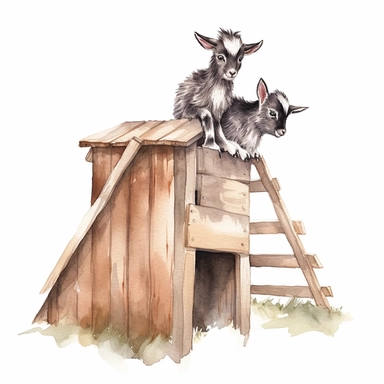 baby dwarf Nigerian goats playing on the A-frame, very detailed and realistic, watercolor, white background with margins, clipart style