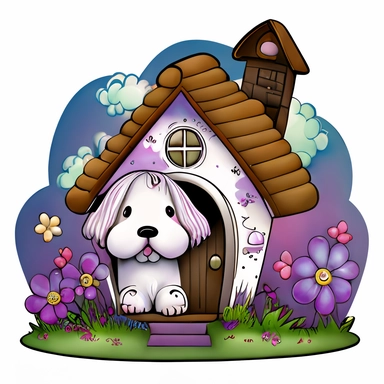 clipart with white background of a doghouse in the style of mystical fantasy, magical, kawaii style