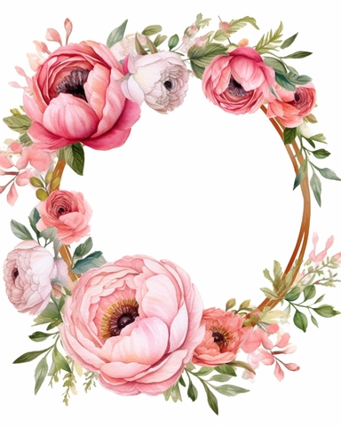 vibrant watercolor pink peony flower wreath with wide middle white space, realistic, clipart
