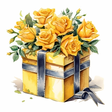 Watercolor a drawing of a decorative box of Yellow roses with Yellow ribbon, in the style of charming illustrations clipart, hd, detailed, on white background, spaced out