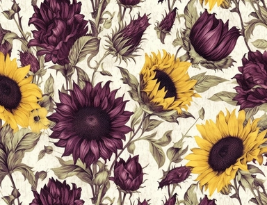 Vintage seamless pattern of Sunflowers, black calla lilies, dark purple carnations, and burgundy scabiosa flower mix pencil sketch, ephemera paper design with ornate illustrations, vintage, distressed textures, muted colors, craft paper texture, handwriting lines in background, pen and ink on paper with watercolor washes Watercolor, vector, white background, rice paper texture, clipart, Seamless patterns, repeating patterns design, flat illustration, outlined , Vector, 4K, Art station, digital p