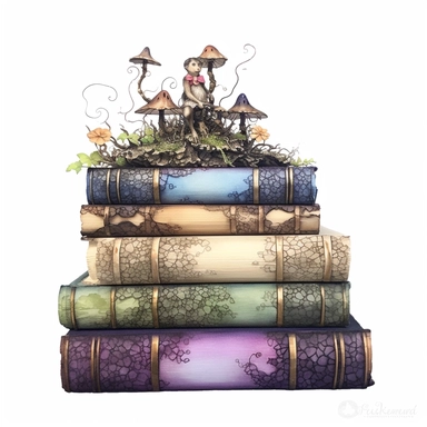 Solid white background, Detailed watercolor/alcohol ink image of a stack of 4 dark earthtone pasel colored gothic spell books with a cute glowing tiny forest fairy sitting on top clipart. The books are realistically detailed, gilded bindings, carved thick leather cover,