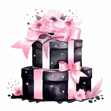 Watercolor pink and black birthday gift drawing, illustration clipart, high detailed, white background, digital art