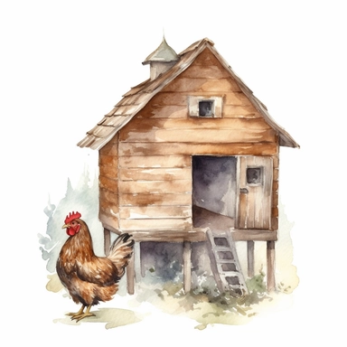 watercolor hen house with small chicken standing outside clipart white background