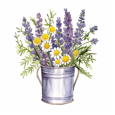 Design a dreamy watercolor clipart of Provence-inspired Wildflowers, lavender, and chamomile arranged in a rustic tin pail composition, hand-painted with soft and graceful brushstrokes. Draw inspiration from the artistic finesse of Ethereal Petals Watercolors for a refined and ethereal depiction. isolated on a white background, hand-drawn illustration, hand-painted watercolor texture, 16k UHD resolution, intricately detailed, sharp focal points, designed by Ana Victoria Calderon and Holly Exley,