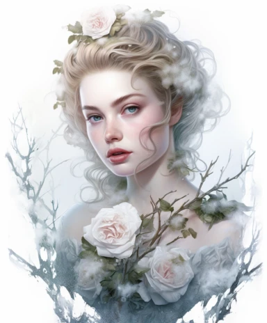 isolated on white illustration watercolor art of a portrait of beautiful feminine princess, overgrown with white and light pink roses and flowers, covered with snow and ice, a lot of moss and branches, lace and embroidery, trees, masterpiece by Tom Bagshaw style and by Hans Zatzka style and by James C. Christensen style and by Alexander Jansson style, Baroque fashion, PNG clipart, isolated on white, white background, extreme photorealistic details, 32k HD resolution, realistic high detailization