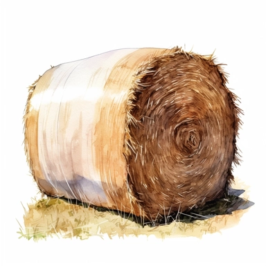 realistic watercolor drawing of a bale of hay on a cotton field, on a white background where the background will be removed to repurpose as a clipart.