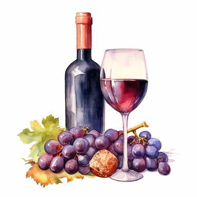 Watercolor illustration of wine bottle, wine glass, grapes, tuscan style, 2d asset, isolated cozy object on white background, warm cozy colors, white background, watercolor, hyperrealism, high detail, isolated elements, clipart