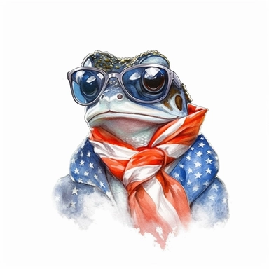 Poison dart frog, wears American flag scarf and sunglasses, closeups shot, low angle, watercolor style, hyper-realistic animal illustrations, 2d game art, quadratura, clipart, on white background,