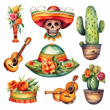Watercolor cinco de mayo decorations, illustrations clipart set, simple,cinco de mayo colors , cartoon elements, different variants, cinco de mayo mexican hat, cinco de mayo sugar skulls, cinco de mayorose, separate elements with a margin