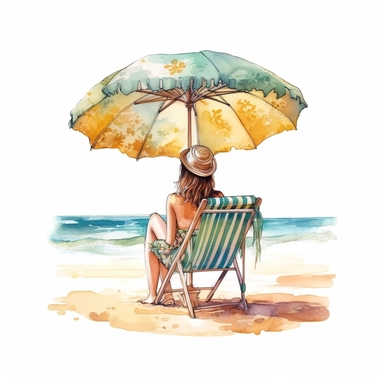 Vintage Cute Beautiful The girl lying on the beach chair and under the sea umbrella Back View Watercolor Sublimation Clipart,Cartoon, hyper realistic, intricate detail, illustration style,high solution,on the white background