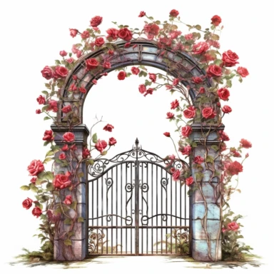 rose covered iron arch fence, in the style of photo realistic and hyper-detailed watercolor, sketchfab, ahmed morsi, realistic watercolor, use of common materials, handcrafted designs, clipart with white background