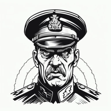 angry military officer , vintage, logo, clean, solid color, black and white color, clip art style, vector style, white background, i can't believe how cool this is