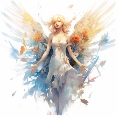 a angle fether,alchemy of the soul, Takehisa Yumeji's art style, soft, glowing watercolour clipart, isolated clipart, white background