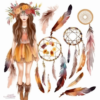 Watercolor Boho Fashion Clipart, Autumn Clipart, DIY Dreamcatcher, Boho Girl Illustration, Fall Fashion Clipart, Antlers, Feather, Bohemian