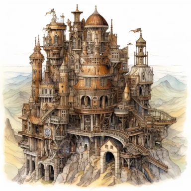 Watercolor hyperdetailed ultra realistic clipart of steampunk fictional worlds like Middle Earth, Hogwarts, or Narnia, including intricate details such as famous landmarks, architecture, and landscapes