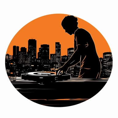 Building silhouette music company logo one color art wall art for Dj Bojkot minimalist with turntable , vinyl records, Los Angeles California backgrund white vector transparent clipart svg png cut vinyl