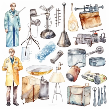 watercolor doctor related scenes , illustrations clipart set, simple, , cartoon elements ,different variants , nurse, doctor, stethtescope, mechanical body weighing scale, microscope, ,separate elements with a margin