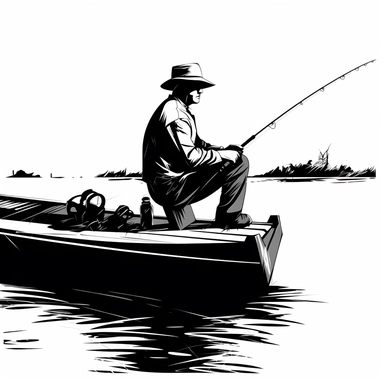 Black line, man fishing rod on a boat, Clipart, White Background
