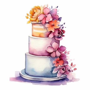 full perspective, watercolor three tier wedding cake clipart, vibrant colors, add flowers and glitter, on a white background