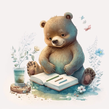 children's book illustration of bear is ready a book infront of children, smooth watercolor details, in the style of Pixar, superb color, outline, nursery art, popular on pinterest, clipart, trending on artstation, minimalist, flat design, white background, insane deails, intricate details 3587482474