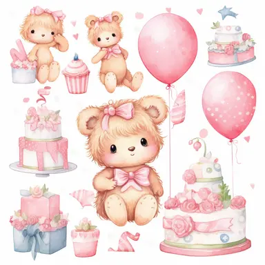 Clipart image, baby girl birthday party, clothes for princess, mix of poses and expressions, cakes, balloon, bear plushies, space out, cute, little princess, white pink inspired, white background