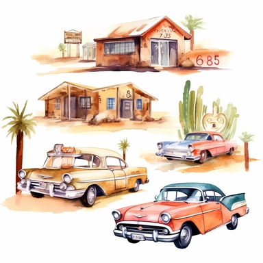 watercolor historic California Route 66 highway, illustration, clipart set, simple, , cartoon elements ,different variants , separate elements with a margin