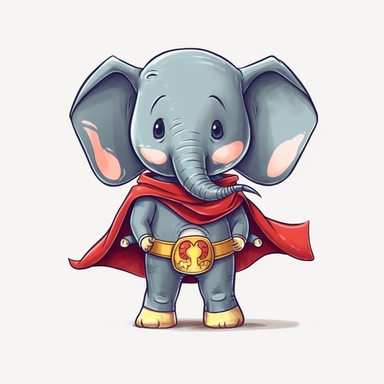 funny cute elephant in a Superhero Costume, cartoon clipart, isolated white background, 32k