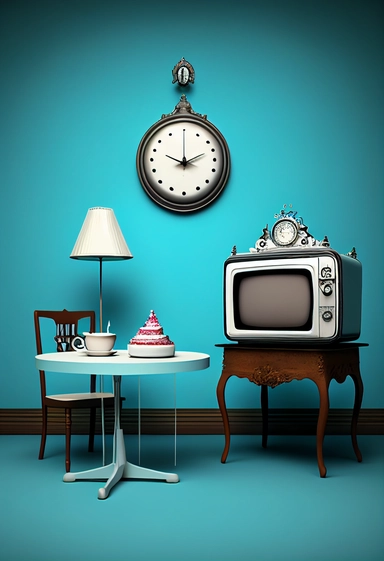 Stunning art of room landscape, happy birthday cake, minimalism, bright colors, old antique tv , walls , clock, table , chair , clip art, blue brown black and white color