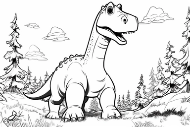 very simple and young colouring in activity sheet for pre-schoolers, black and white, outline lines only, allow areas for clouring in, clipart of Diplodocus dinosaur style of pixar animation