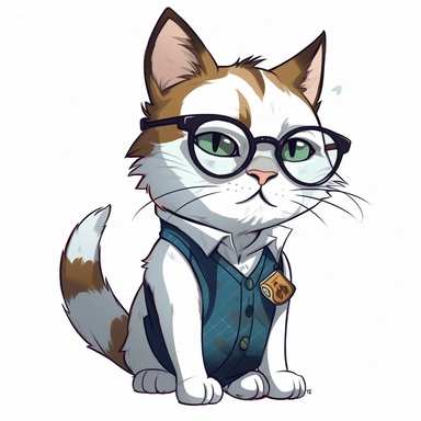 ultimate geek cat, cat that looks like a geek, anime, cartoon, cute, funny, smiling and laughing, clipart
