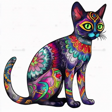 Colorful Cat Sugar Skull PNG Day of the Dead Instant kitty , outlined 10 cm thick, black, no shadows on the ground, whimsical illustrations, realistic watercolors, detailed illustrations cartoon full body, clipart PNG, transparent white background