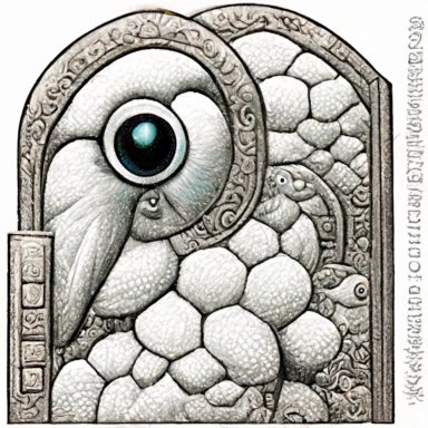 keyhole entrance on white background, instructional manuscript, sacred geometry embellishments, stone texture, marketing clipart detailed engravings, 1 colorful parrot holding rolled up scroll, halftone comic book illustration style