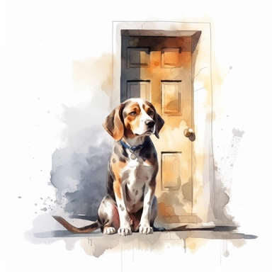 graphic design watercolor style, graphic design of dog sitting next to the door in the back clipart, surrounded, isolated on white background, hd, 4k, detailed