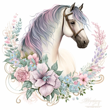 A horse clipart design for girls with a soft and girly color palette of pastel colors like pink, purple and blue to create a dreamy atmosphere. The horse itself is majestic and has a long flowing tail and mane that move in the wind. Flowers and butterflies surround the horse and give the design a romantic touch