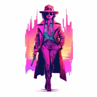 synthwave-styled mafia boss woman, full-body , watercolor , in the style of dan mumford, light magenta, tropical symbolism, cute and colorful, transparent layers, rounded, vibrant and colorful, clipart, white background, high detail, individual elements