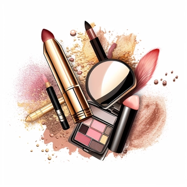 Lipstick, Beige blush, round blush, blush brush, eye pencil, glitter, blush brush, eye shadows, High detailed women fashion makeup accessories clipart, pink, gold and black colors, white background, no shadow, procreate drawn style