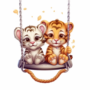 Cute Beautiful Happy Face Couple Baby tiger sit on a swing Sublimation Clipart ,Cartoon,hyper realistic, intricate detail, illustration style,high solution,on the white background