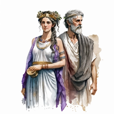 an ultra realistic hellenistic women and men with watercolor effect,ultra realistic,ancient greece vibe,white background,suitable for digital clipart,hellenistic scene,ancient greece,vibrantly colors,greek column