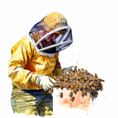 watercolor, A close-up view of a beekeeper's hands wearing protective gloves, holding a hive tool, as bees peacefully buzz around the beehive. (Digital drawing clipart, image black border color, full body, flat texture, transparent background)