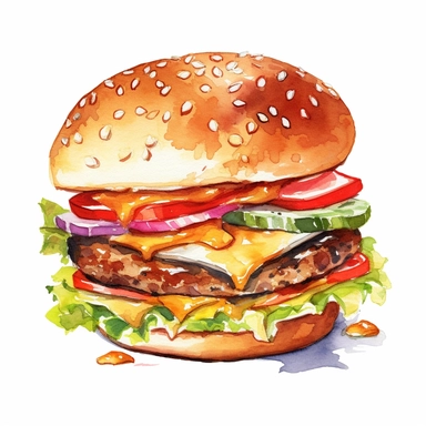 cartoon watercolored hamburger clipart, no text, white background