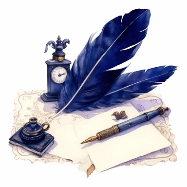 watercolor, hyper realistic, white background, white margins, 16k, ultra detailed clipart, cut out image, hand-drawn, whimsical manhwa style, ultra HD, sharp and clean art A quill pen and inkwell sitting on a velvet cushion, with a romantic old-fashioned love letter partially written, on a background of deep midnight blue.