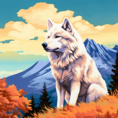 A white wolf sitting proudly, looking off into the distance, with forest and mountains framing the scene, vivid colors, watercolor by Thomas W. Shaller, clipart, solid background, no watermark, 8k