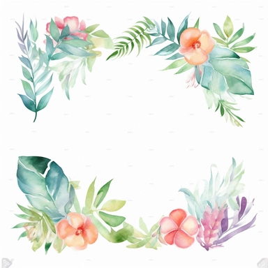 watercolor floral frame border roses. Summer clipart illustration, nothing in the middle, free space in the center, only top and bottom