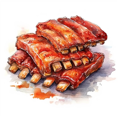 BBQ Ribs, highly detailed, watercolor, clipart, illustration, white background, digital painting, paper crafting, no signature, no text