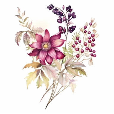 Design a dreamy watercolor clipart of a chinese-inspired centerpiece of a Bouquet of berries, rosehips, and dried flowers in rich and jewel-like tones for a rustic and seasonal arrangement composition, hand-painted with soft and graceful brushstrokes. Draw inspiration from the artistic finesse of Ethereal Petals Watercolors for a refined and ethereal depiction. isolated on a white background, hand-drawn illustration, hand-painted watercolor texture, 16k UHD resolution, intricately detailed, shar
