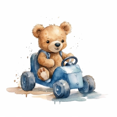 a watercolor simple cute light brown teddy bear- clear outline- smooth skin- riding a small blue toy car with big smile wearing a denim blue shirt clipart- white background - no watercolor splashes