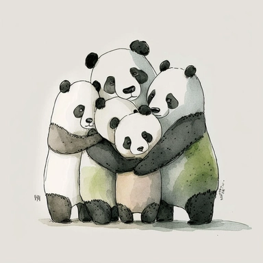watercolor and ink drawing of a portrait of a family of five happy panda bears, one mom bear, one dad bear, three baby bears, clipart, embracing each other, cute pose, cartoon, doodle, happy, smiling, beautiful watercolor ink wash coloring, thick pencil lines, quentin Blake, Adrian tomine, popular on etsy, watercolor illustrations clipart, watercolor illlustrations for kids and children, book illustrations, plain white background