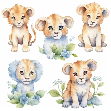 watercolor clipart with white background, baby lions, cute and adorable, clearly defined separate image, high quality--ar3:4-no mockups, watermarks, numbers, writing, letters--q2--v5.1--s1000